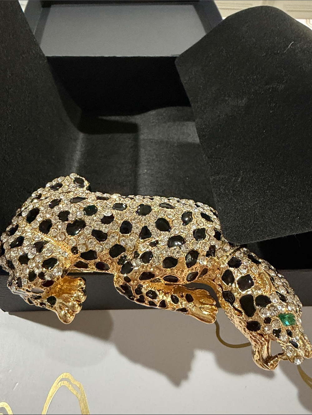 GORGEOUS Rhinestone Big Cat cuff bracelet hinge jungle leopard panther
